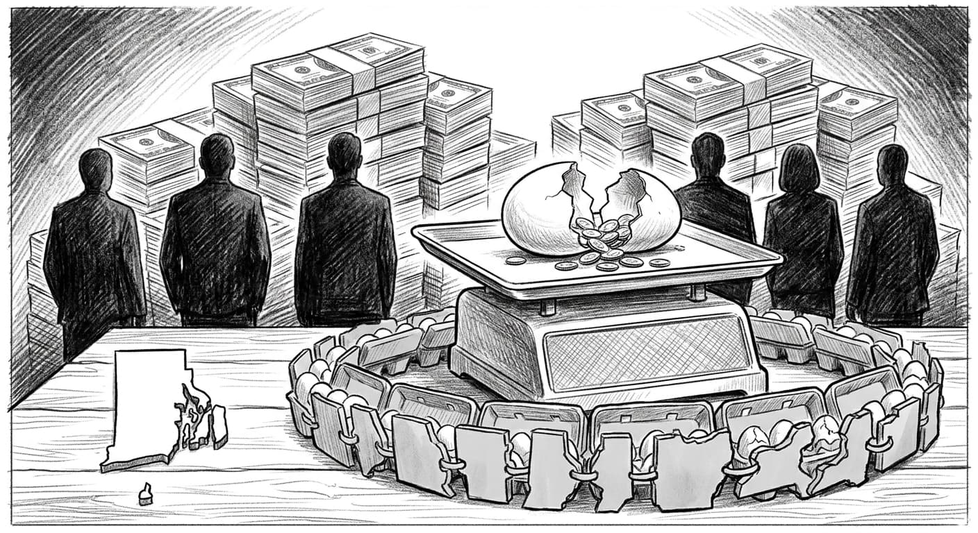 A detailed editorial pencil sketch of a cracked egg on a grocery store scale, with tiny coins spilling from the crack while towering stacks of cash…