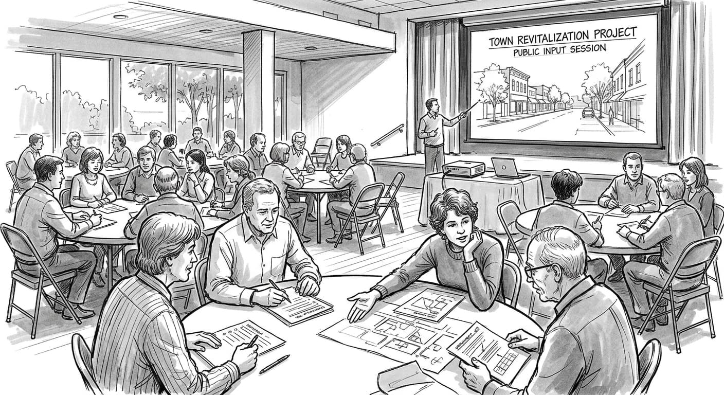 A community meeting room with residents seated at round tables reviewing worksheets, a presentation screen showing a small-town street, evoking a…