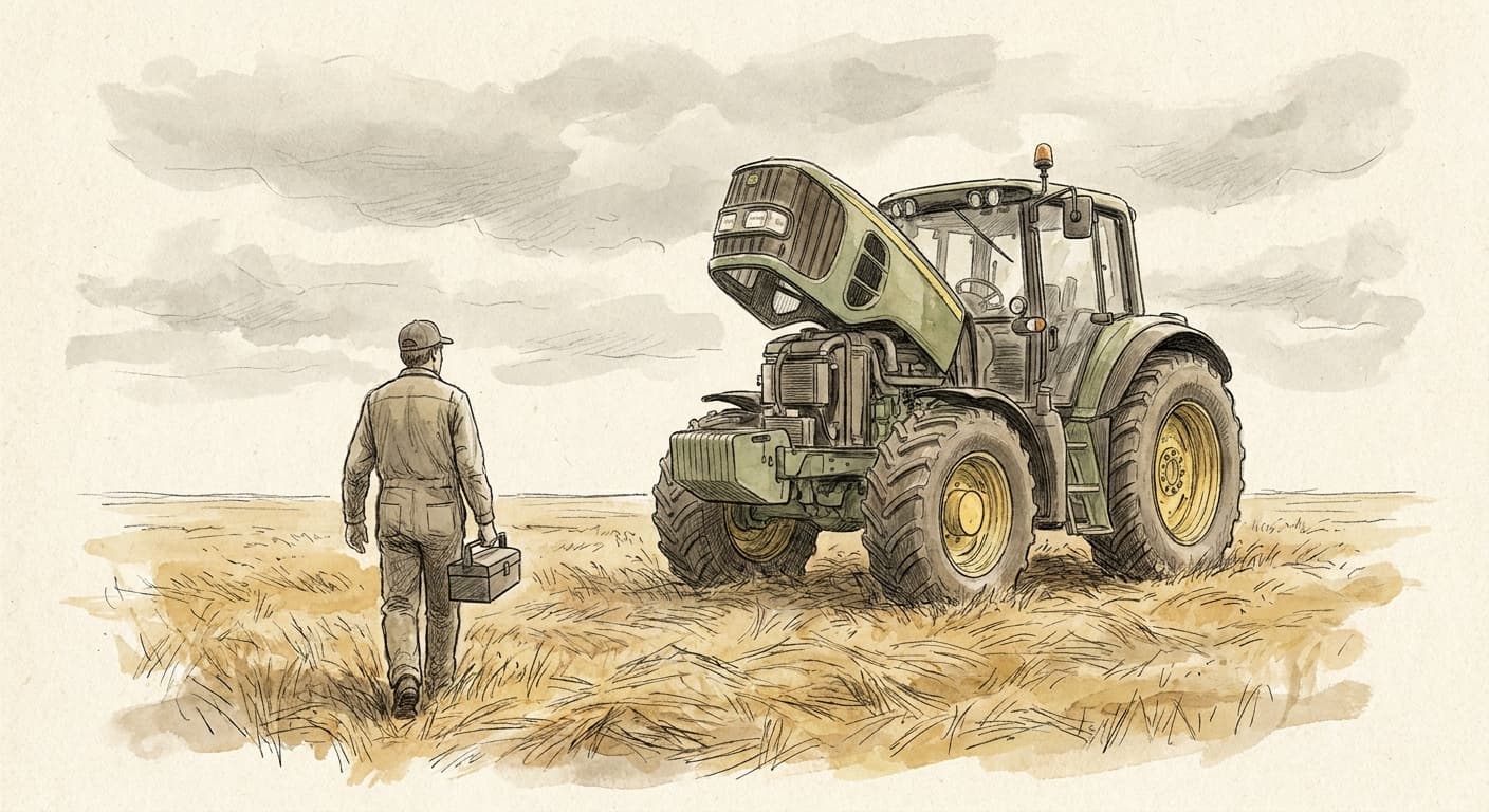 A farmer approaching a large John Deere tractor in a field of hay that he is approaching to fix.