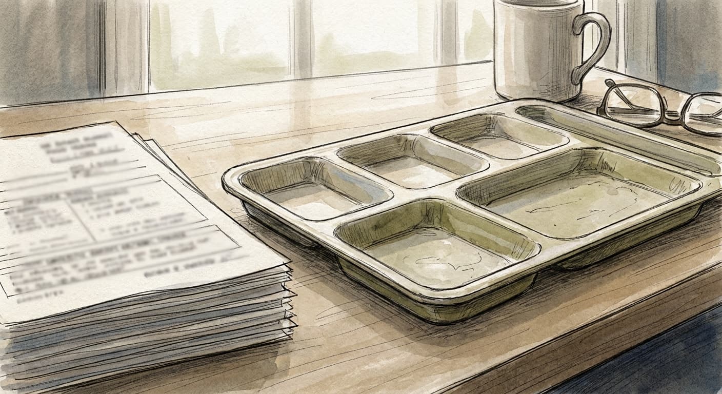 A hand-drawn sketch of a school lunch tray beside a stack of paper forms on a table, rendered in loose ink and watercolor.