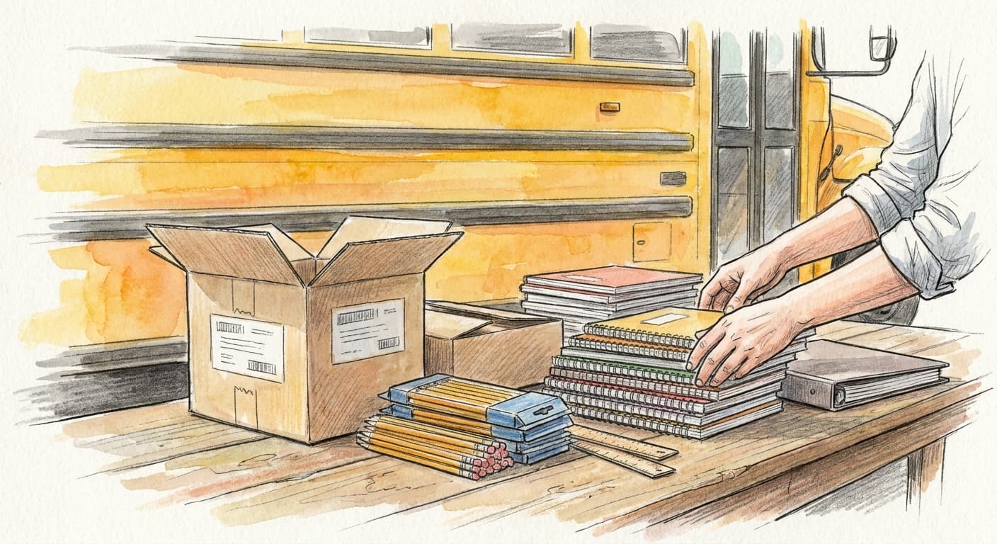 School symbols: A large yellow school bus as the backdrop, Common school supplies overlaid in a proper manner to reflect a story about school supply…