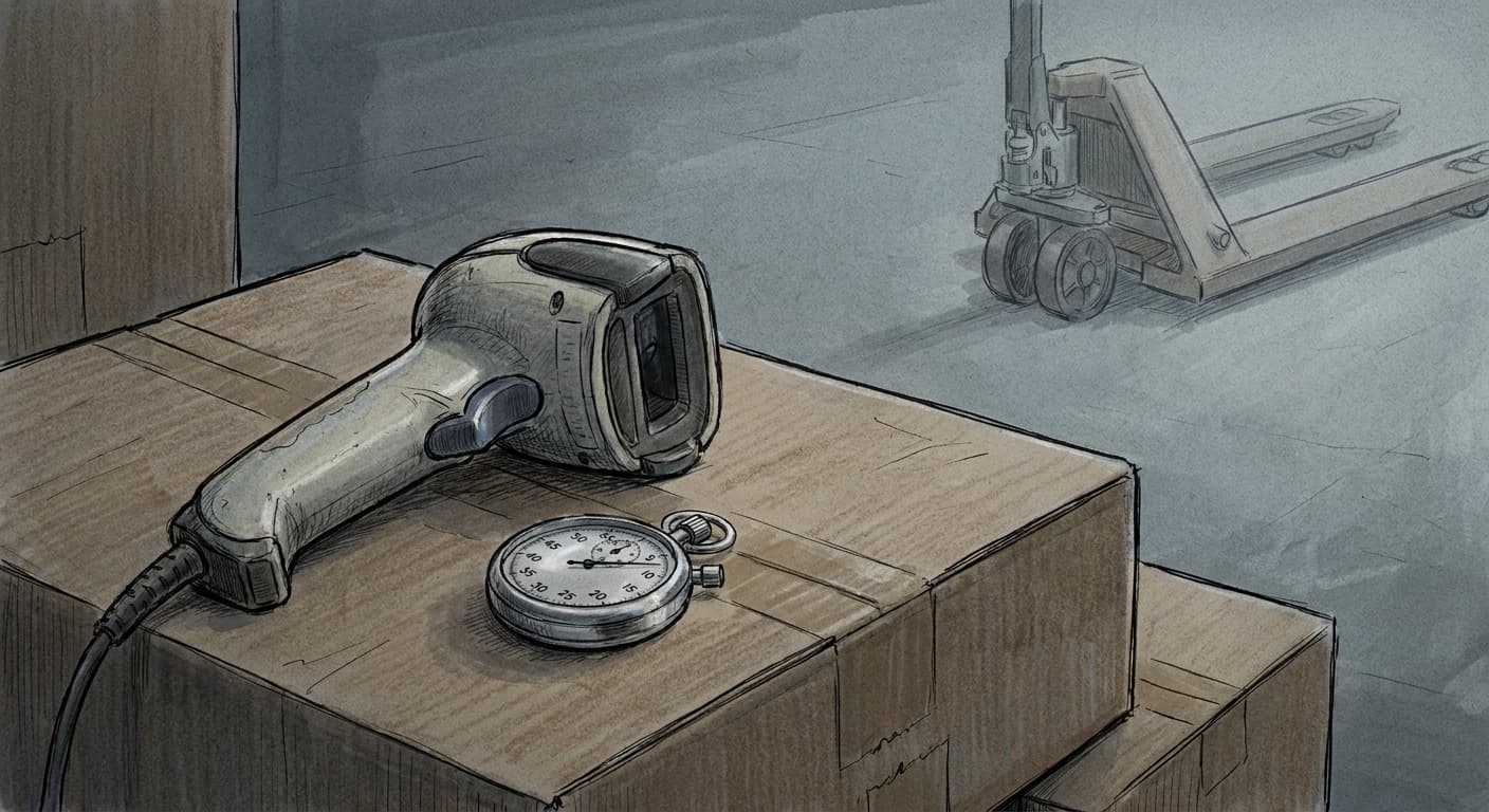 A hand-drawn editorial sketch of a barcode scanner and a stopwatch resting on a stack of cardboard shipping boxes, with a wheeled pallet jack…