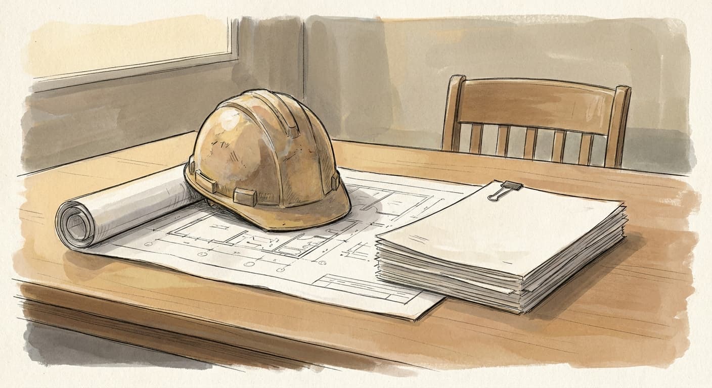 A hard hat resting on a rolled architectural blueprint beside a stack of municipal bond documents on a plain table.