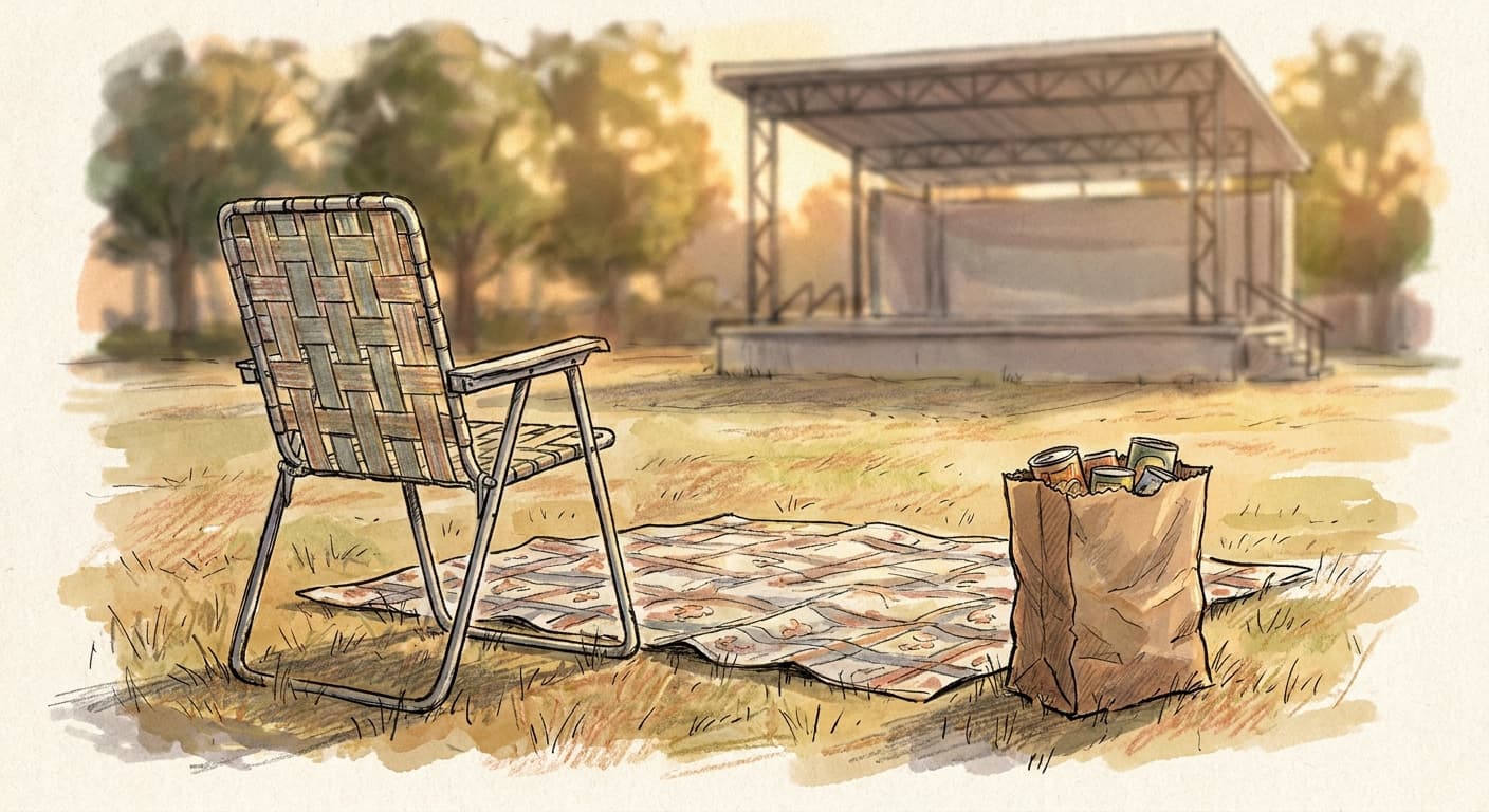 A close-up hand-drawn editorial sketch of a folding lawn chair and a picnic blanket on summer grass, with a paper grocery bag of canned goods…