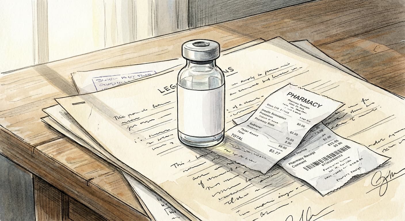A close up of a small glass insulin vial resting on top of a stack of legal documents and a pharmacy receipt.