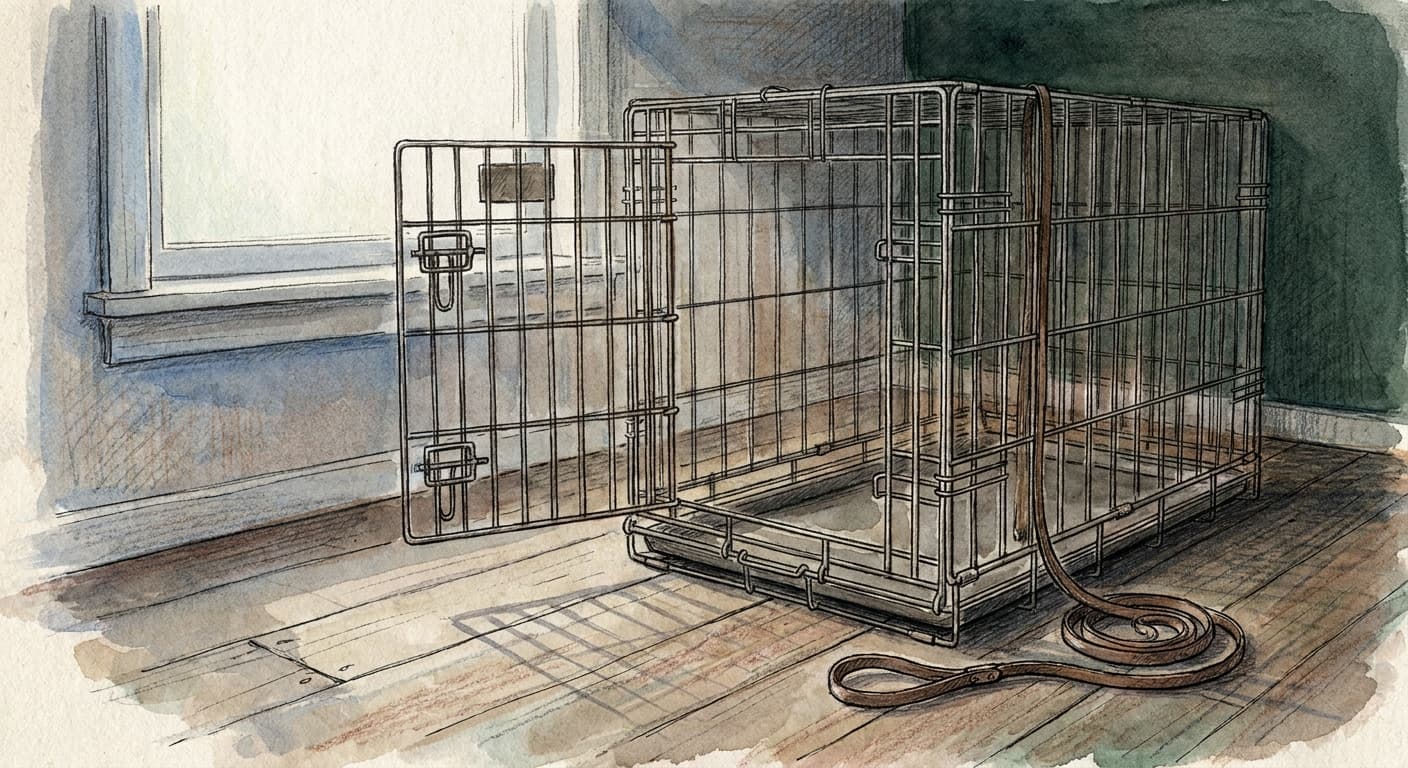 A hand-drawn editorial sketch of an empty metal animal crate with its door open, resting on a plain floor beside a coiled leash.
