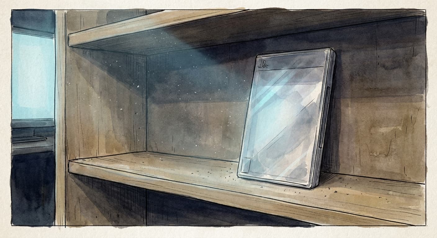 A hand-drawn editorial sketch of an empty video game case standing upright alone on an otherwise bare store shelf, its plastic window catching a…