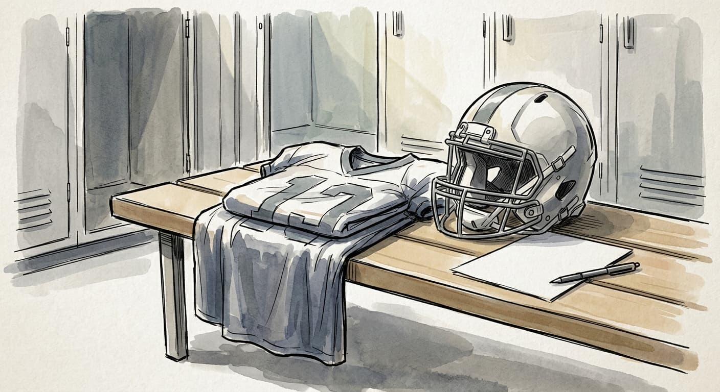 A close-up hand-drawn editorial sketch of an empty locker room bench with a folded football jersey and a helmet resting on it, a single sheet of…