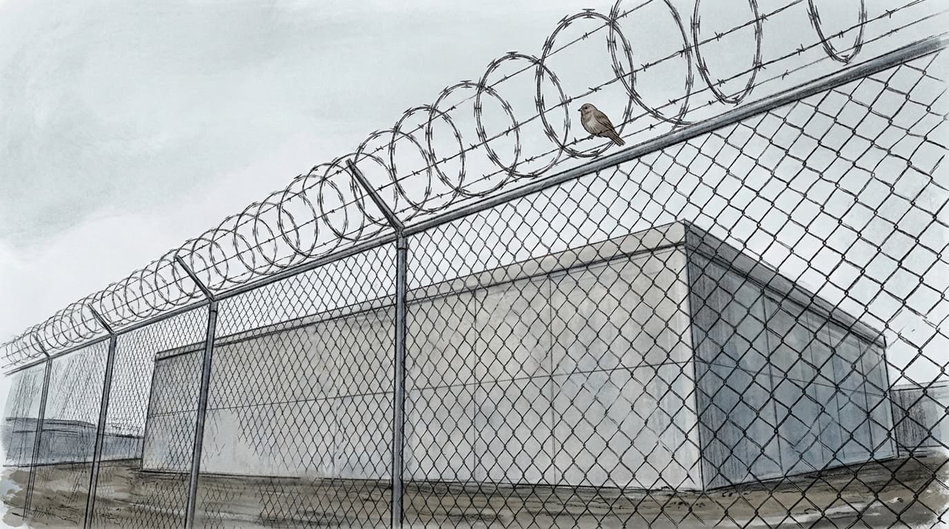 A hand-drawn editorial sketch of a tall chain-link fence topped with coiled razor wire, viewed from below against a pale overcast sky, with a single…