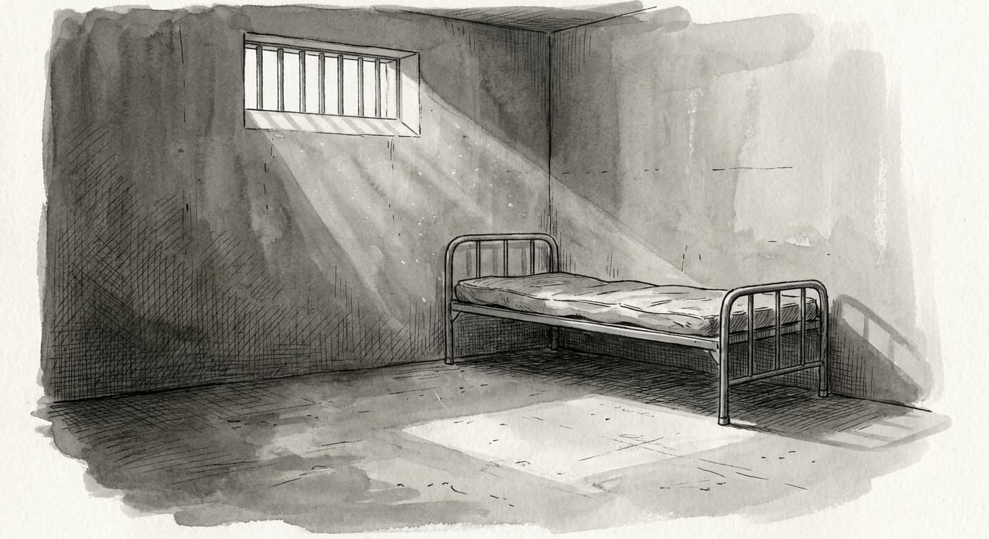 A hand-drawn editorial sketch of a single empty prison cot beneath a narrow barred window, a thin shaft of light falling across the bare floor.