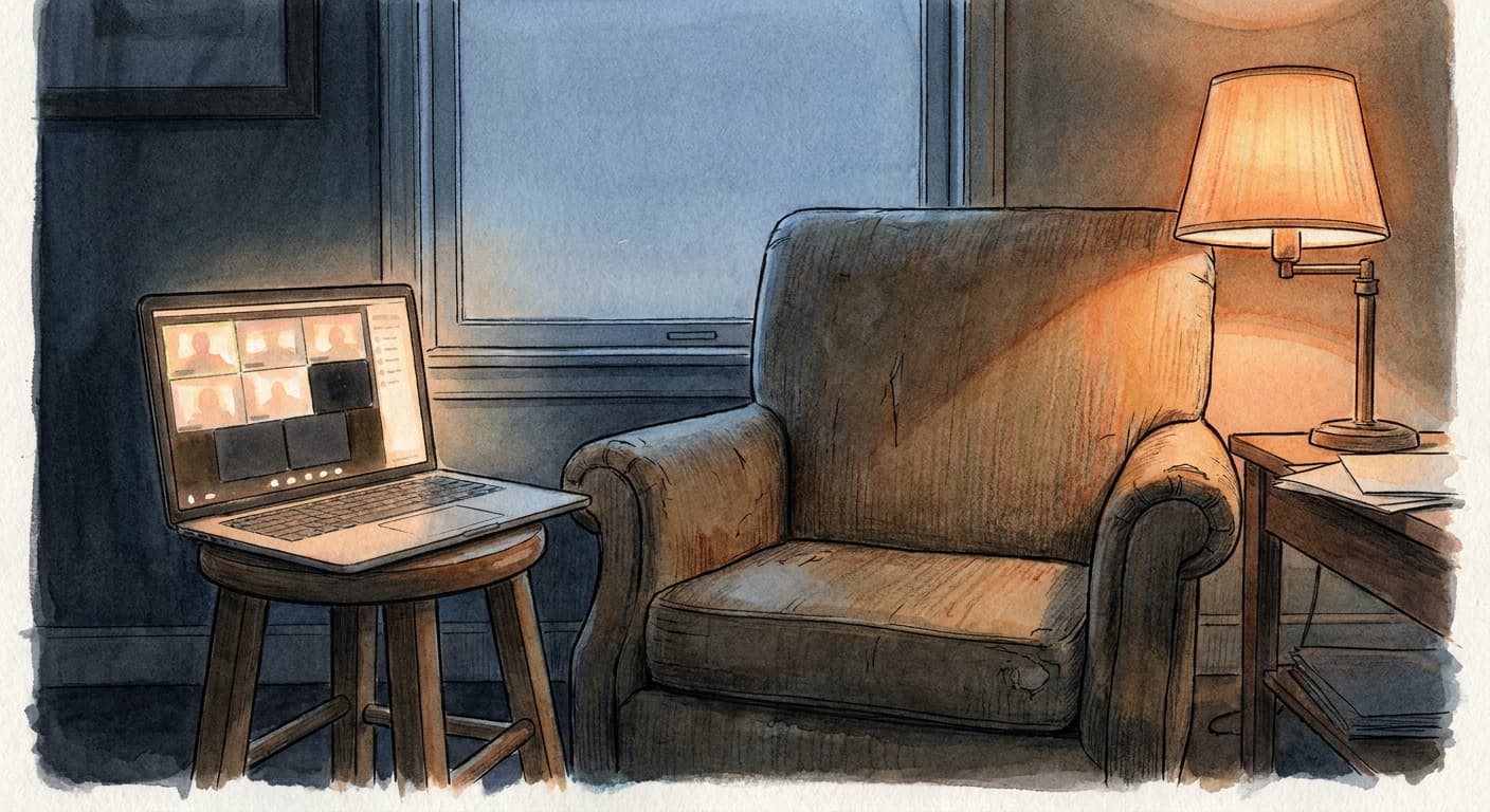 A hand-drawn editorial sketch of an empty armchair facing a laptop propped open on a stool, its screen divided into a grid of small windows, some…