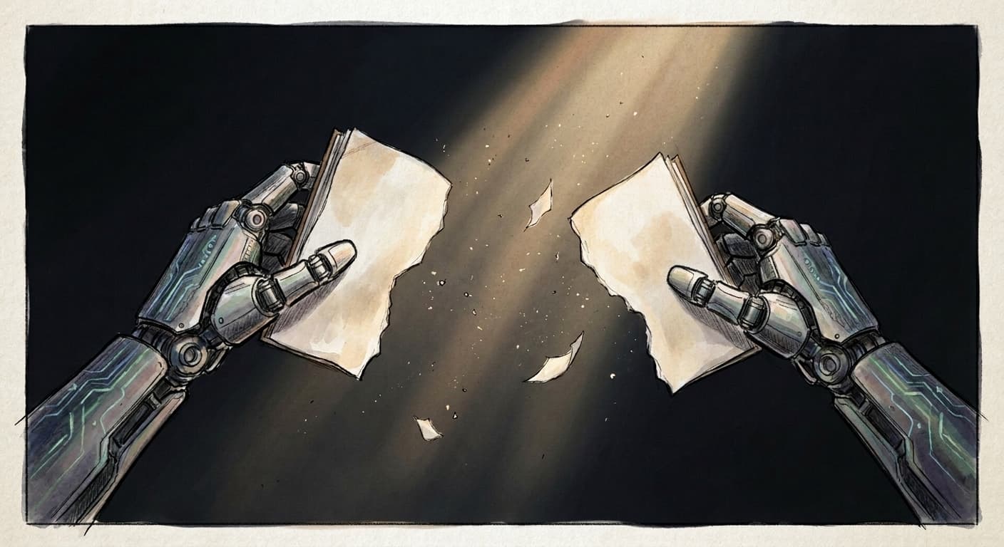 A hand-drawn editorial sketch of two mirror-image robotic hands reaching toward each other across a dark void, each hand clutching a torn page…