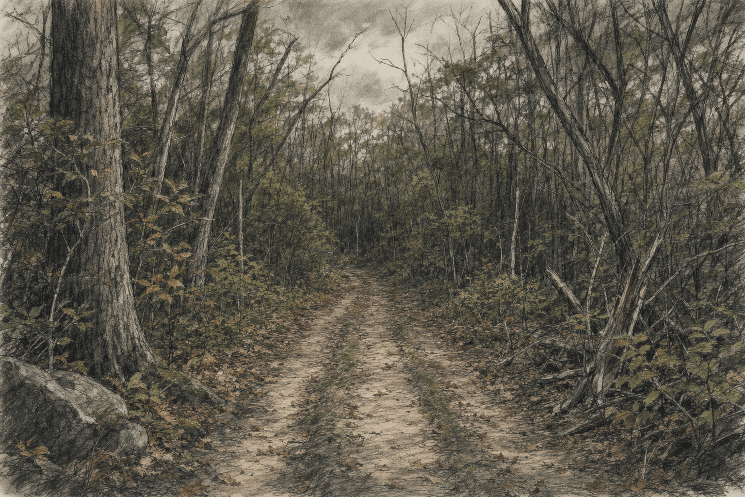 A hand-drawn editorial sketch of a narrow dirt path fading into a dense stand of tall, tangled trees, with a faint tire-rut outline suggesting a…
