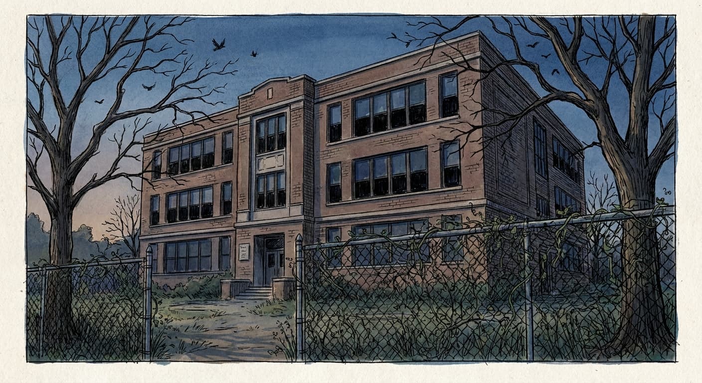 A hand-drawn editorial sketch of a three-story brick schoolhouse standing empty at dusk, its windows dark and birds circling above an overgrown…