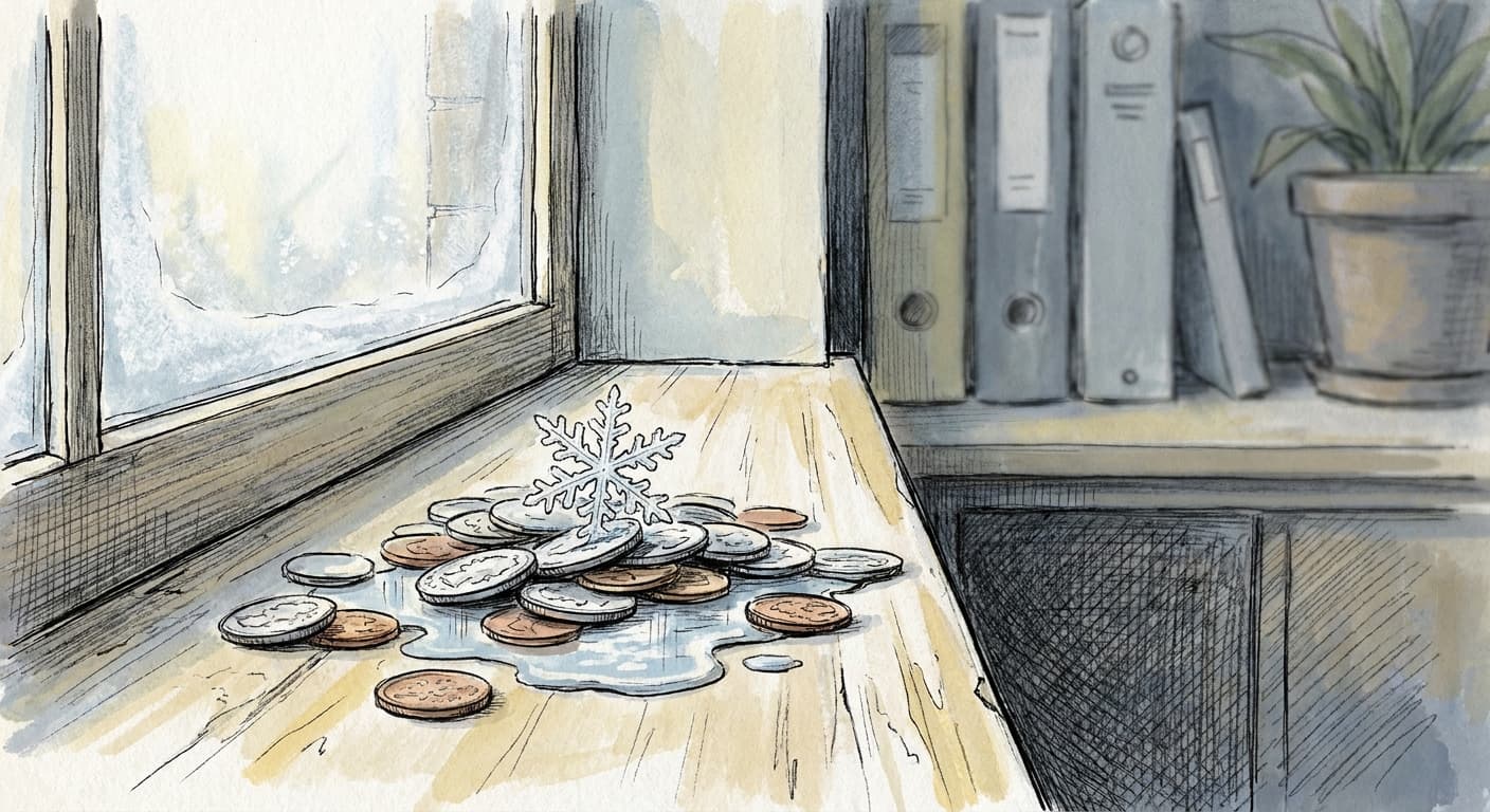 A hand-drawn editorial sketch of a single snowflake melting into a puddle atop a stack of coins, rendered in loose ink linework.