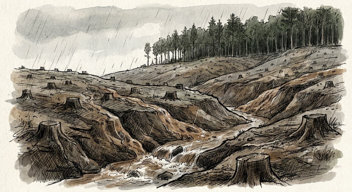 A hand-drawn editorial sketch of a cleared hillside of tree stumps with rain-carved gullies washing dark sediment down into a small stream at the…