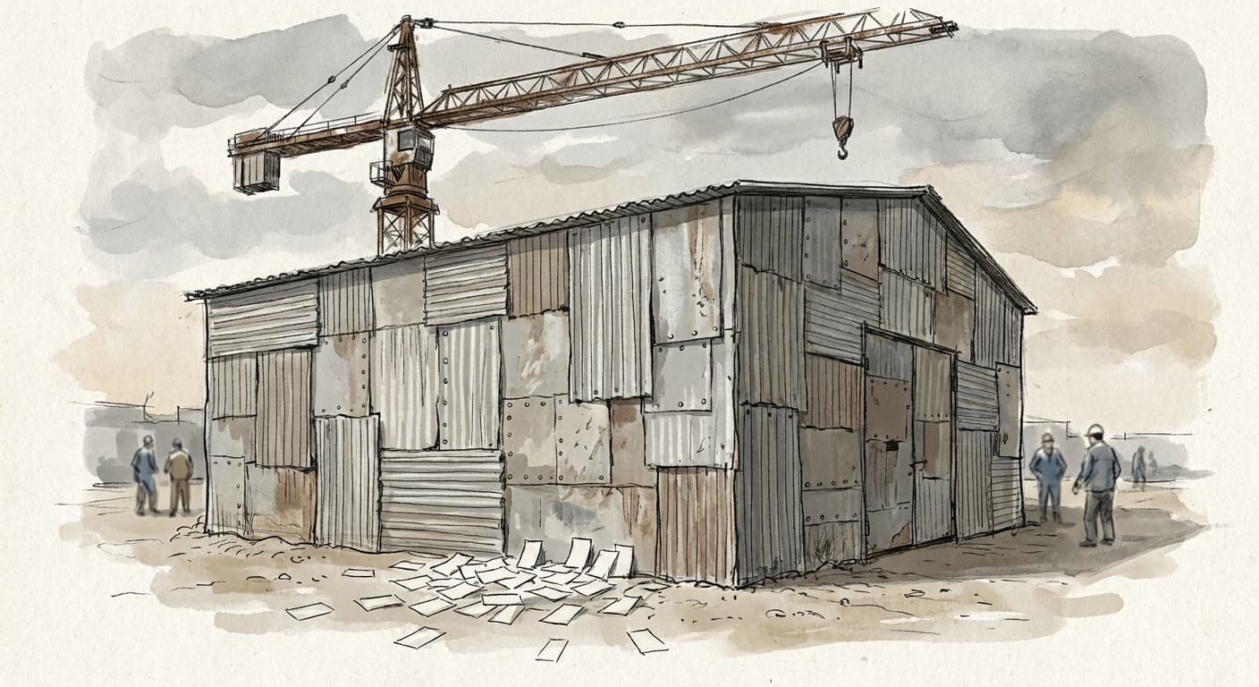 A hand-drawn editorial sketch of a squat metal warehouse building under a construction crane, its walls patched with mismatched panels and a stack…