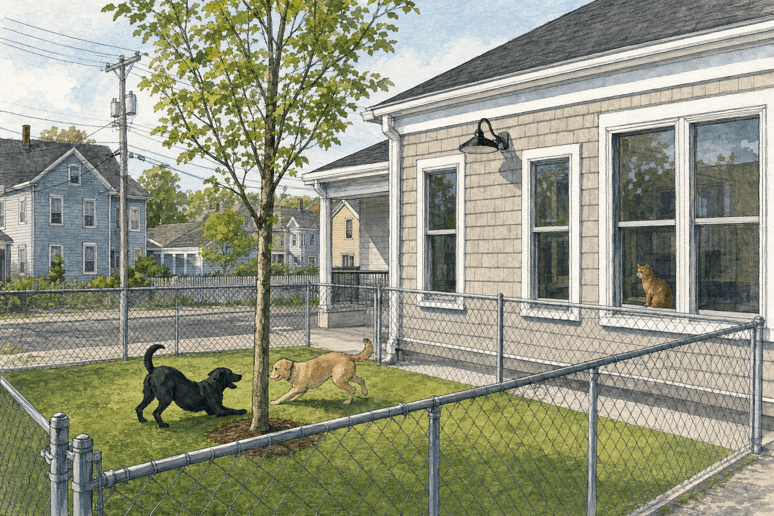 A hand-drawn editorial sketch of a two dog silhouettes playing beneath a young tree in a fenced turf pen, and a cat peering from a window.