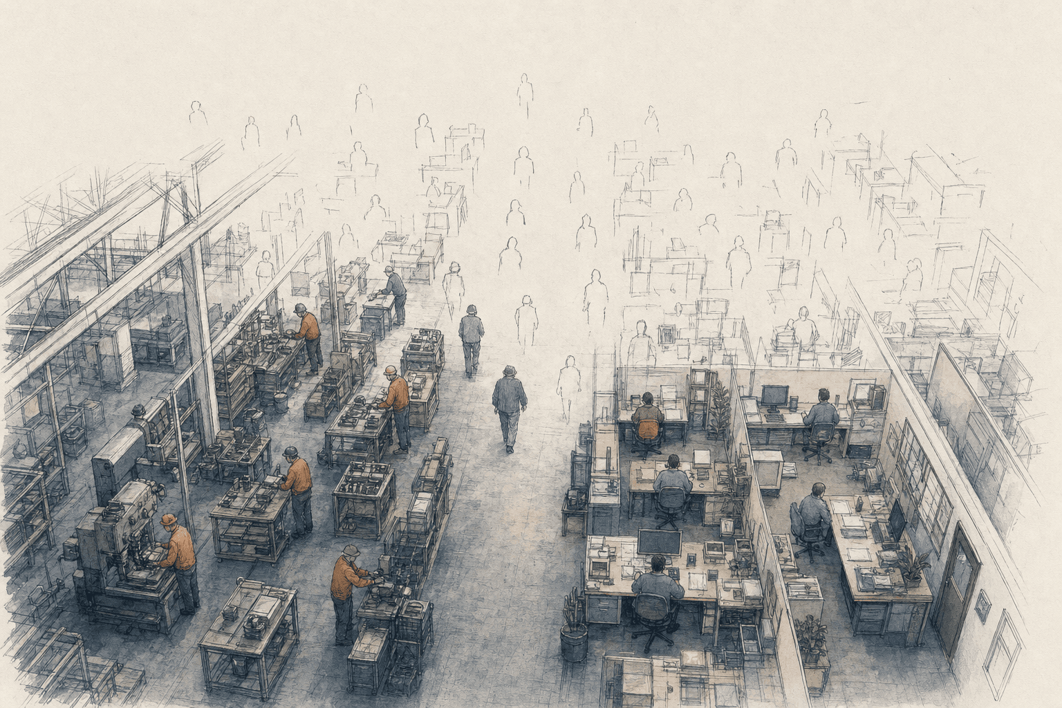 A hand-drawn editorial sketch of a wide factory floor and open-plan office seen from above, where dozens of tiny anonymous worker figures are…