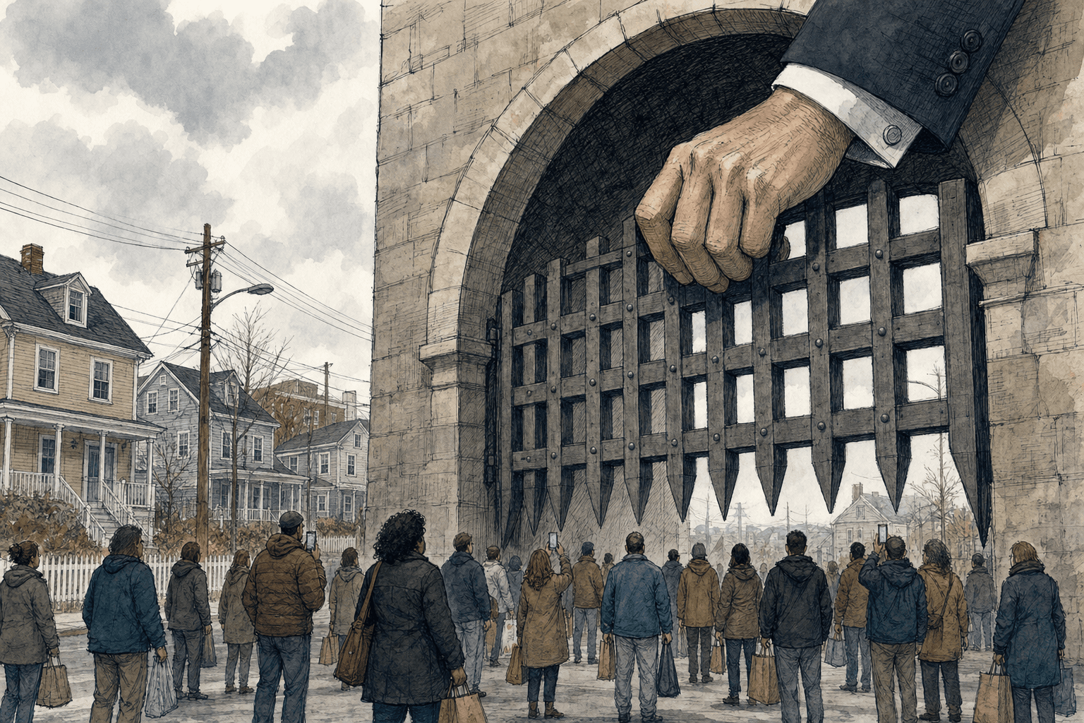A hand-drawn editorial sketch of a giant hand in a business suit cuff lowering a heavy iron portcullis gate across a wide stone archway, while a…