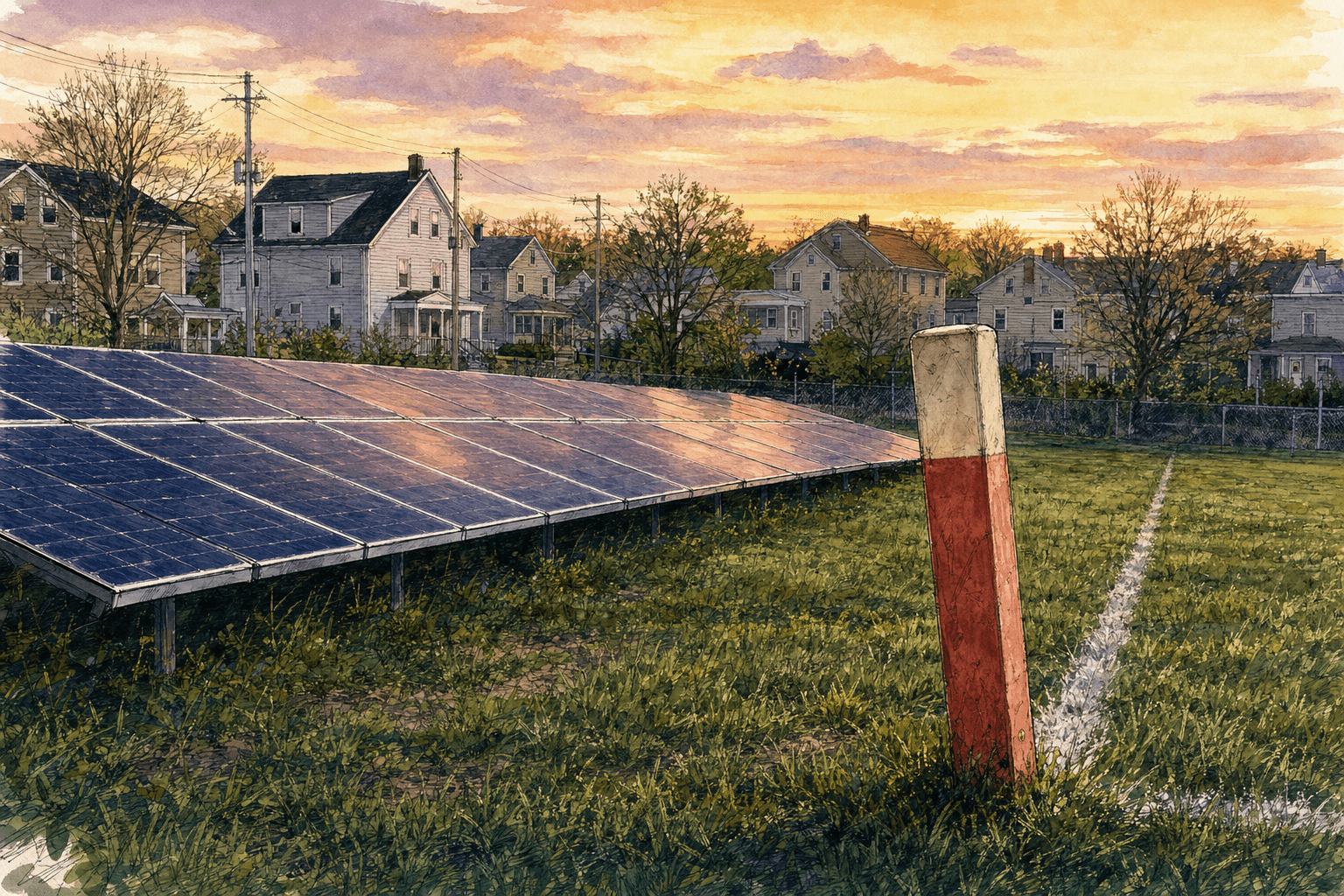 A hand-drawn editorial sketch of a grid of solar panels laid across one section and a lone athletic field marker post standing at its edge.