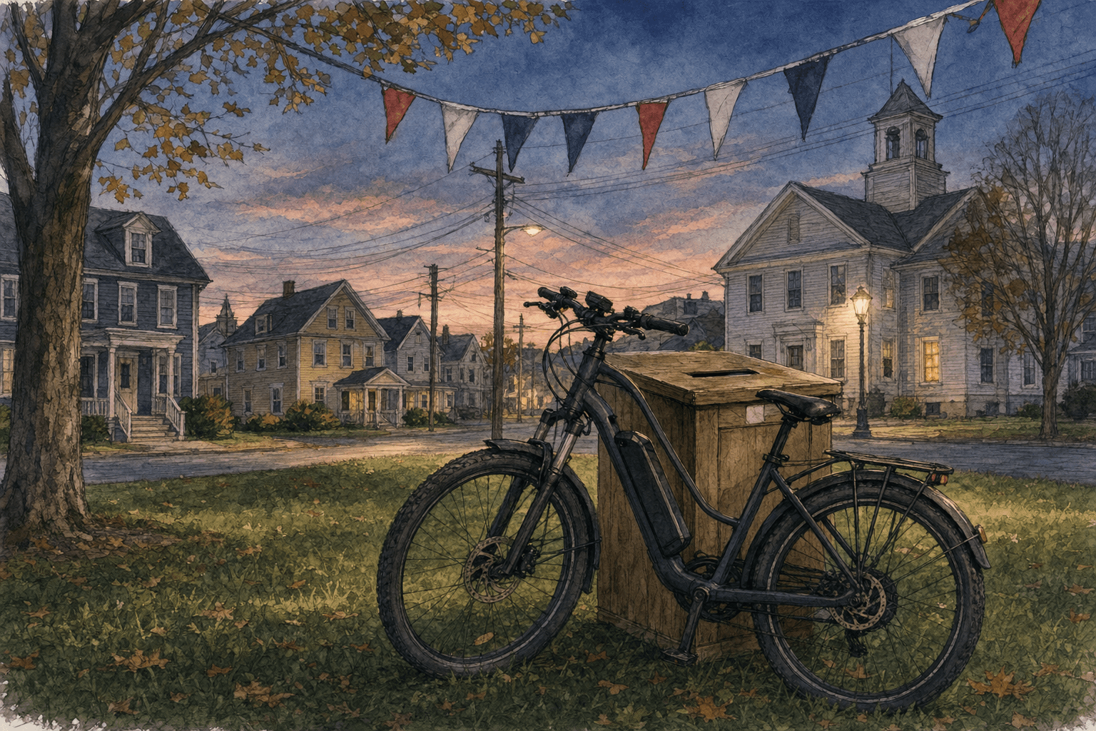 A hand-drawn editorial sketch of an electric bicycle leaning against a wooden ballot box on a town green, with strings of anniversary bunting…