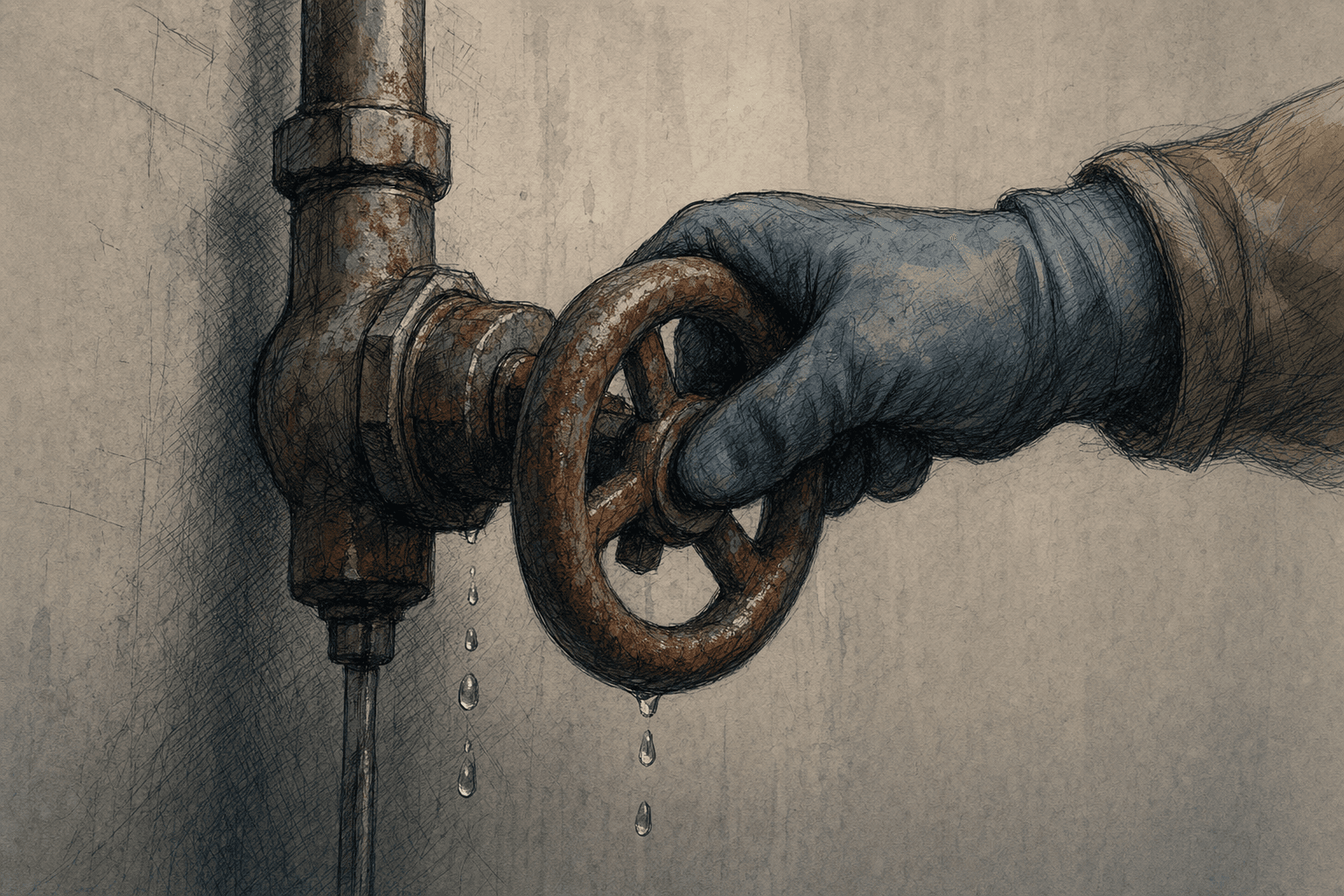 A hand-drawn editorial sketch of a single gloved hand gripping a rusted water valve wheel, a few drips beading beneath it against a plain,…