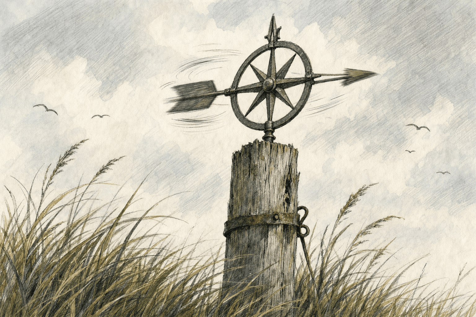 A hand-drawn editorial sketch of a weathervane shaped like a simple compass rose atop a weathered wooden post in a patch of tall dune grass, its…