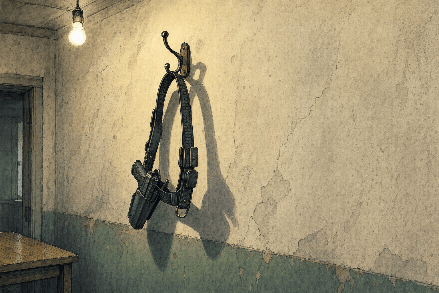 A hand-drawn editorial sketch of an empty duty belt with a holstered sidearm hanging from a coat hook on a bare wall, casting a long shadow across…