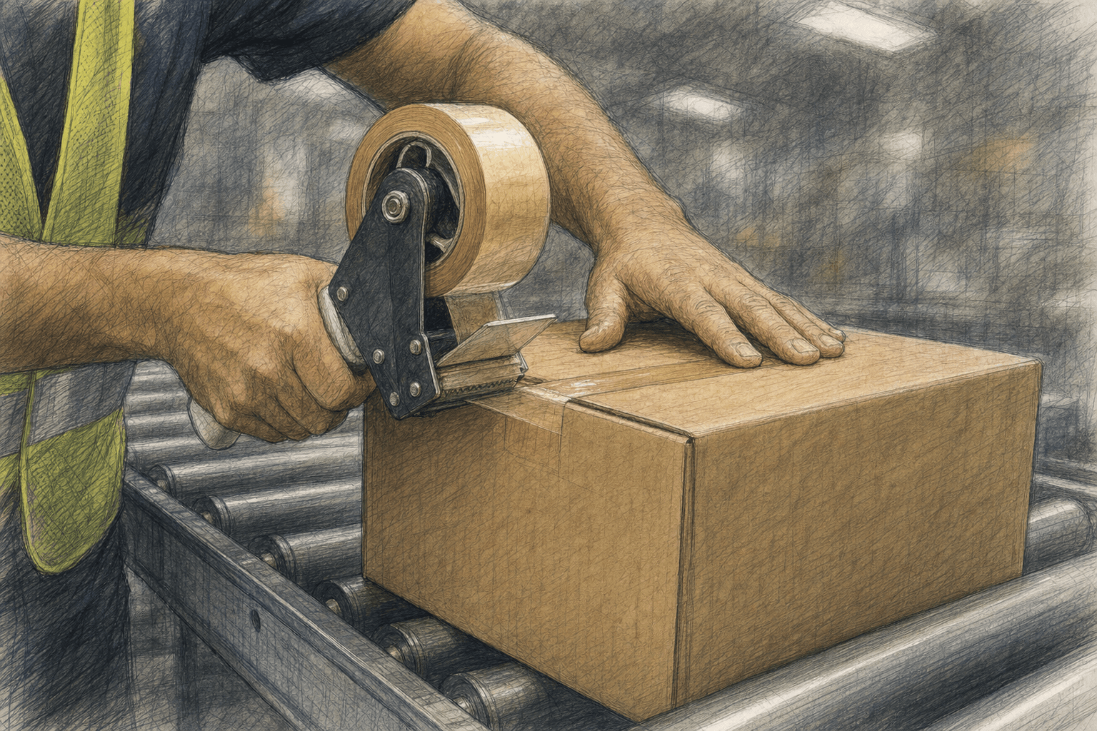 A hand-drawn editorial sketch of a warehouse worker's hands, seen up close, taping shut a plain cardboard box on a conveyor belt, a safety vest…