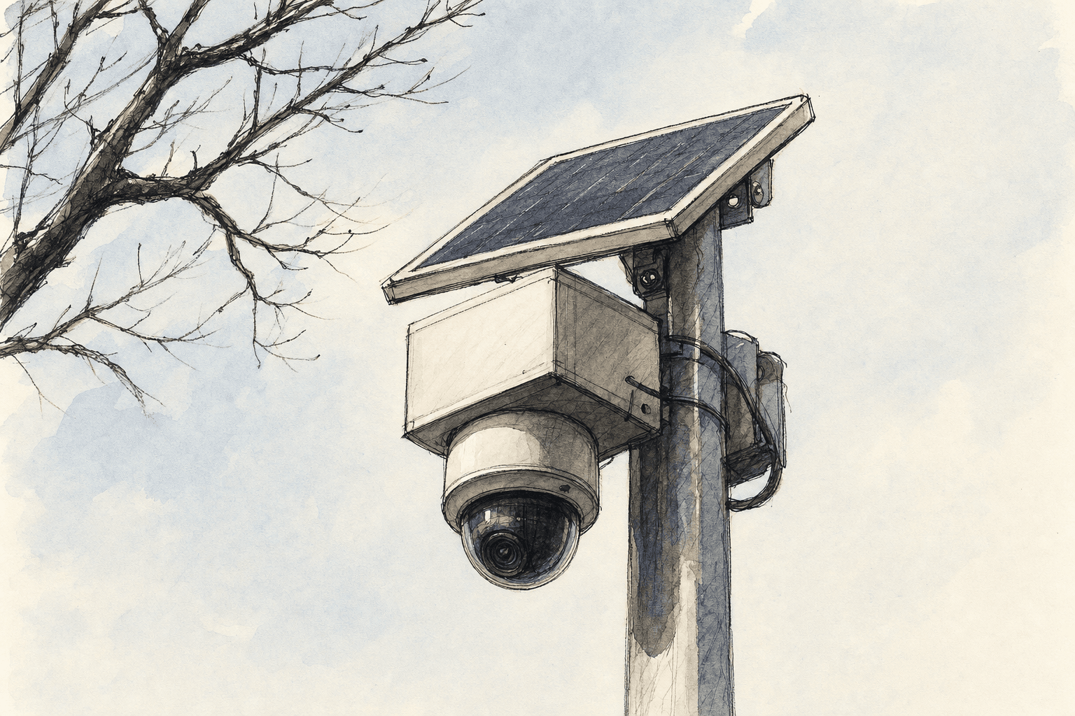 A hand-drawn editorial sketch of a small pole-mounted camera unit with a solar panel, drawn close up against a blank pale sky, with a single bare…