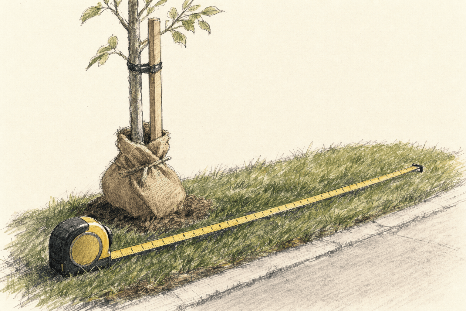 A hand-drawn editorial sketch of a tape measure stretched across a strip of grass beside a newly planted young tree with a stake and burlap wrap,…