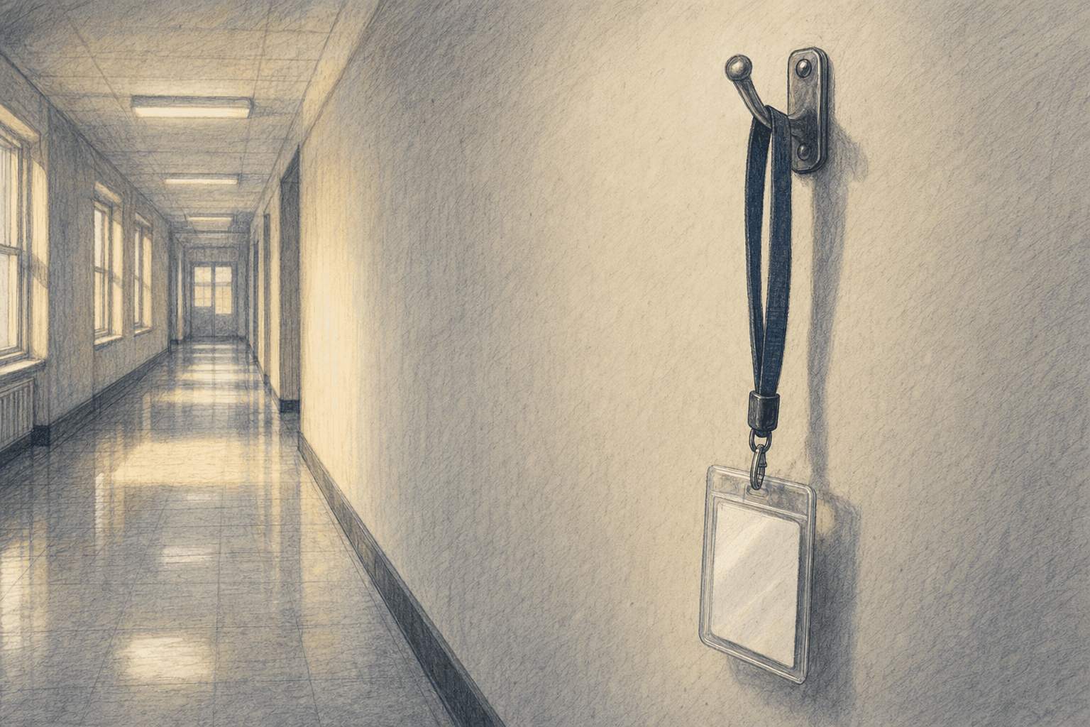 A hand-drawn editorial sketch of a school hallway trophy case replaced by a plain wall hook holding a single laminated visitor badge on a lanyard,…