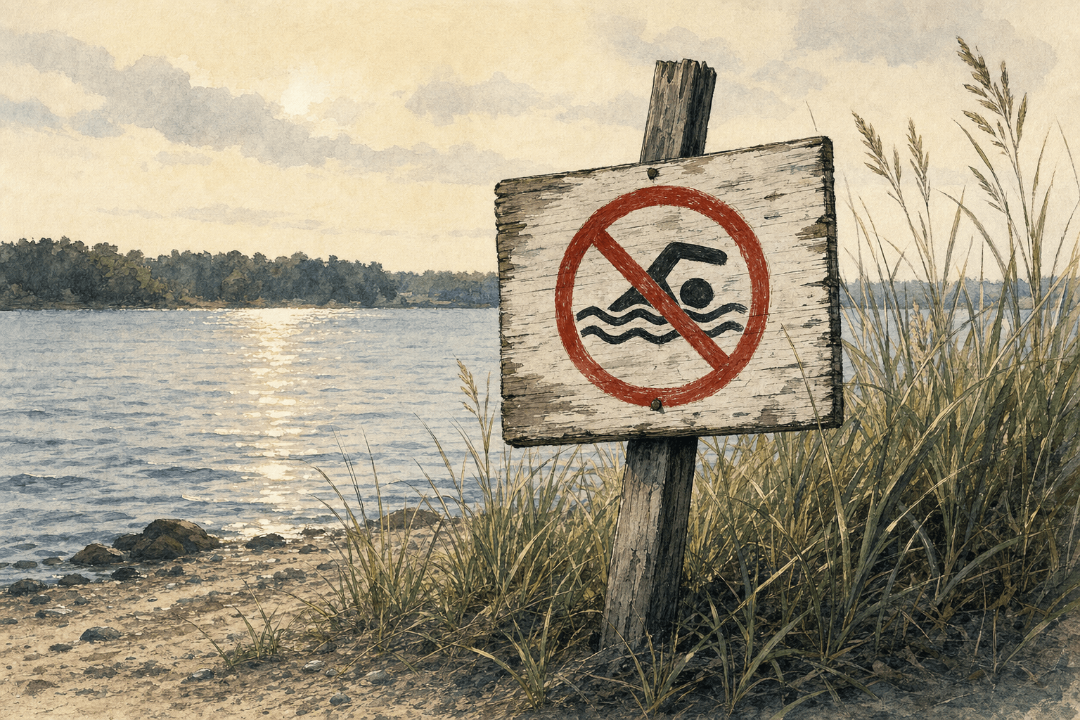 A hand-drawn editorial sketch of a wooden 'No Swimming' sign posted at the edge of a quiet freshwater shoreline.