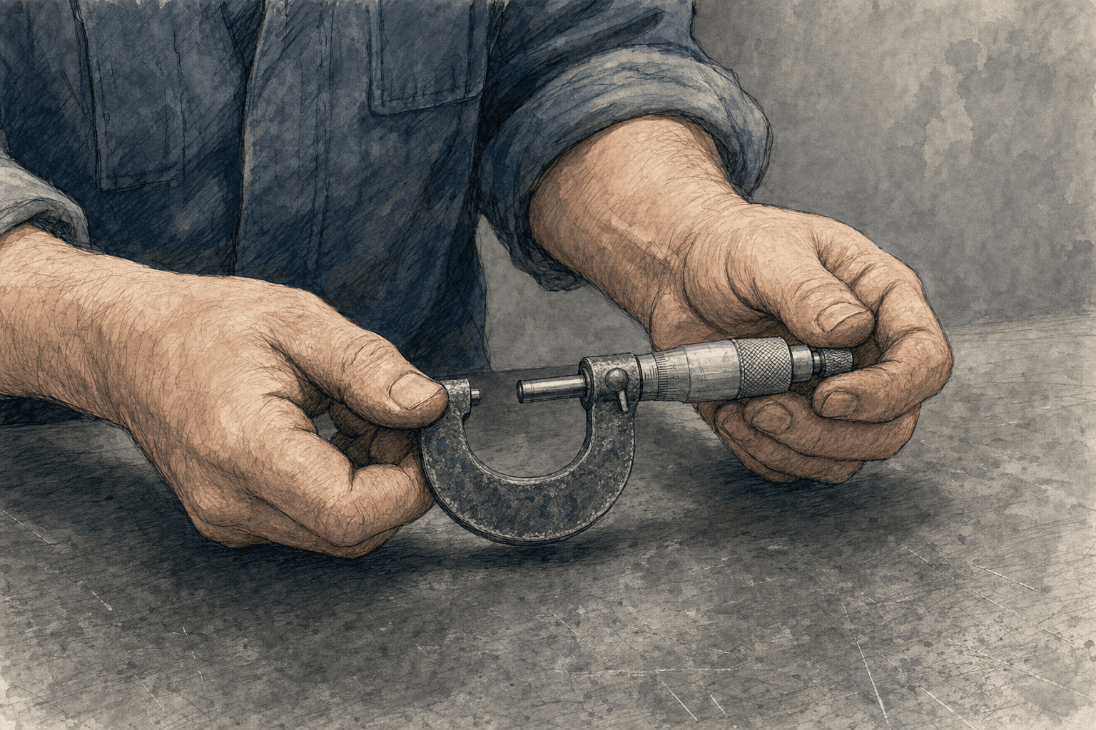 A hand-drawn editorial sketch of a machinist's hands, seen close up, gripping a worn steel micrometer over a bare metal workbench, sleeves rolled to…