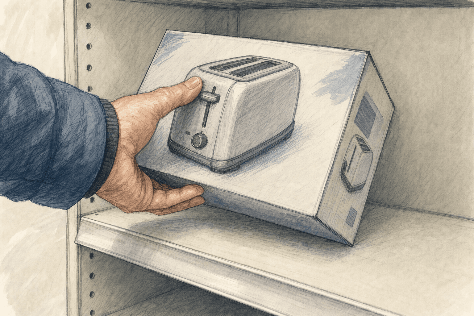 A hand-drawn editorial sketch of a shopper's hand lifting a small household appliance box off a bare store shelf, seen close up from the side.