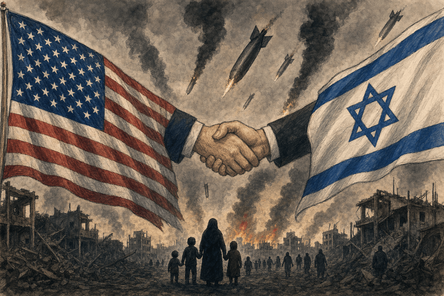 A hand-drawn editorial sketch of an accurate US flag and an Israeli flag with hands shaking in between them representing cooperation between the two…