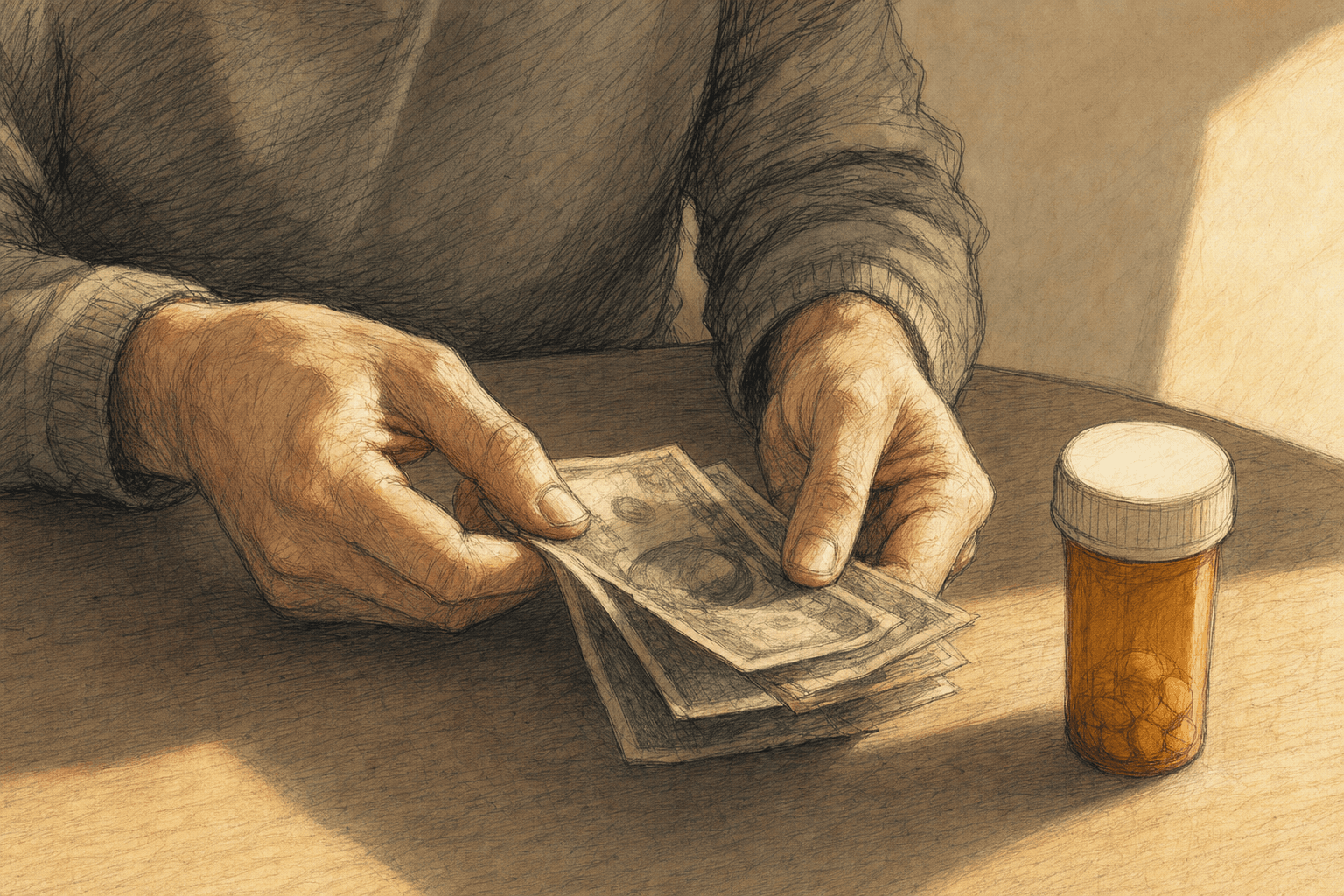 A hand-drawn editorial sketch of a person's hands counting out a small stack of worn cash on a kitchen table beside an unmarked prescription bottle,…