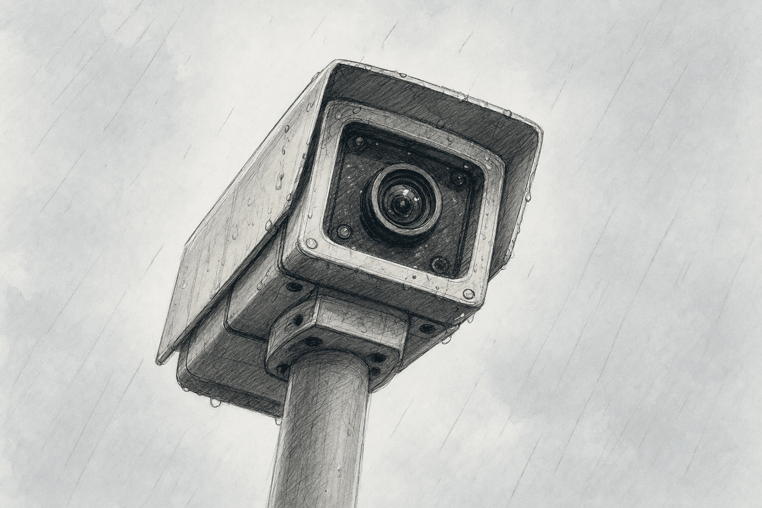 A hand-drawn editorial sketch of a small pole-mounted camera unit seen close up from below against a blank overcast sky, its lens angled down toward…