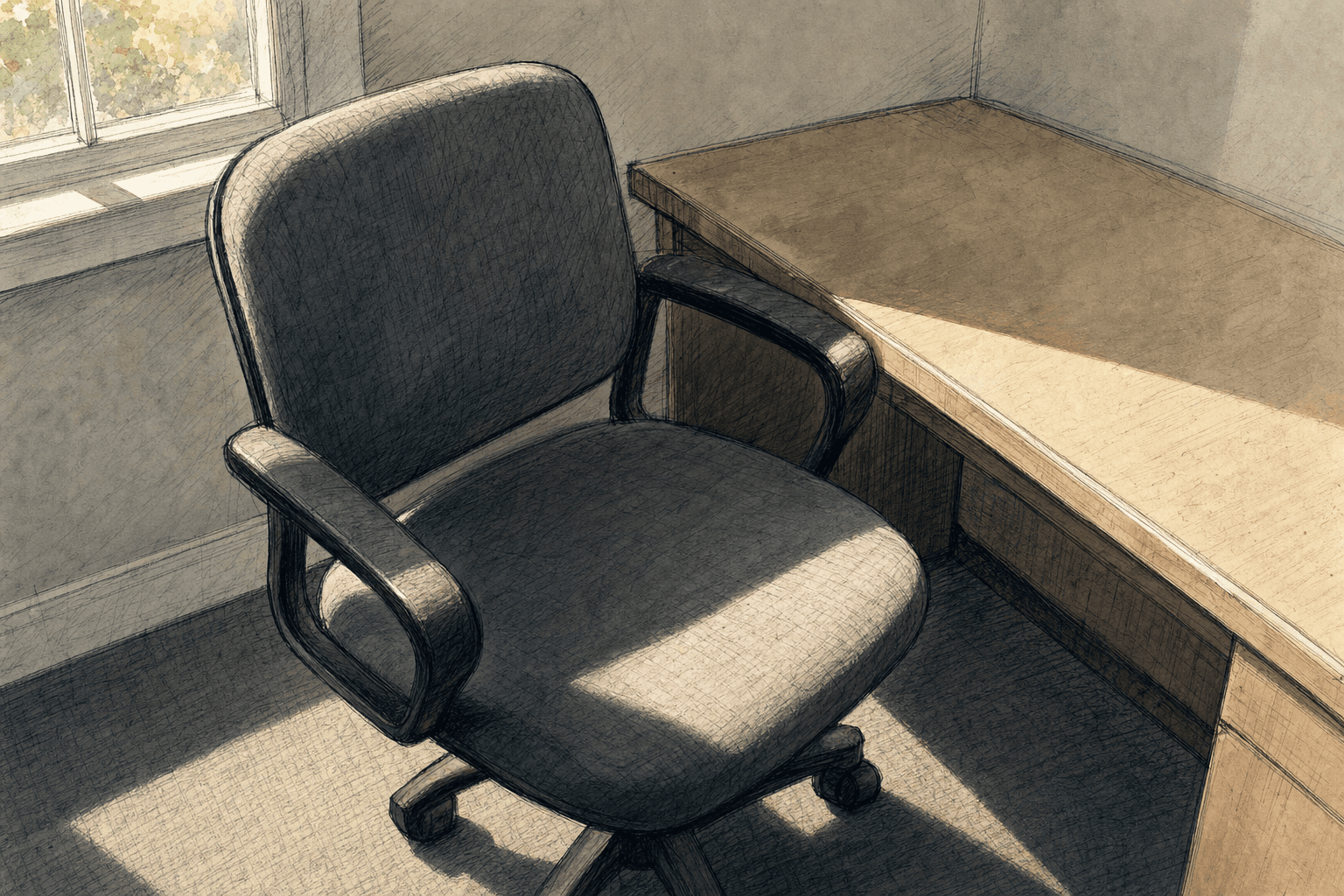 A hand-drawn editorial sketch of a single empty office chair pulled up to a bare corner of a desk, seen close up and slightly from above, with no…