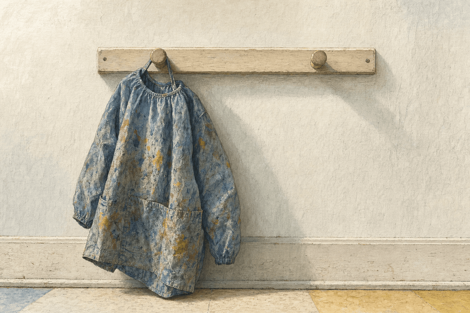 A hand-drawn editorial sketch of a child-sized art smock hanging alone on a low peg, seen close up, with an empty peg beside it.