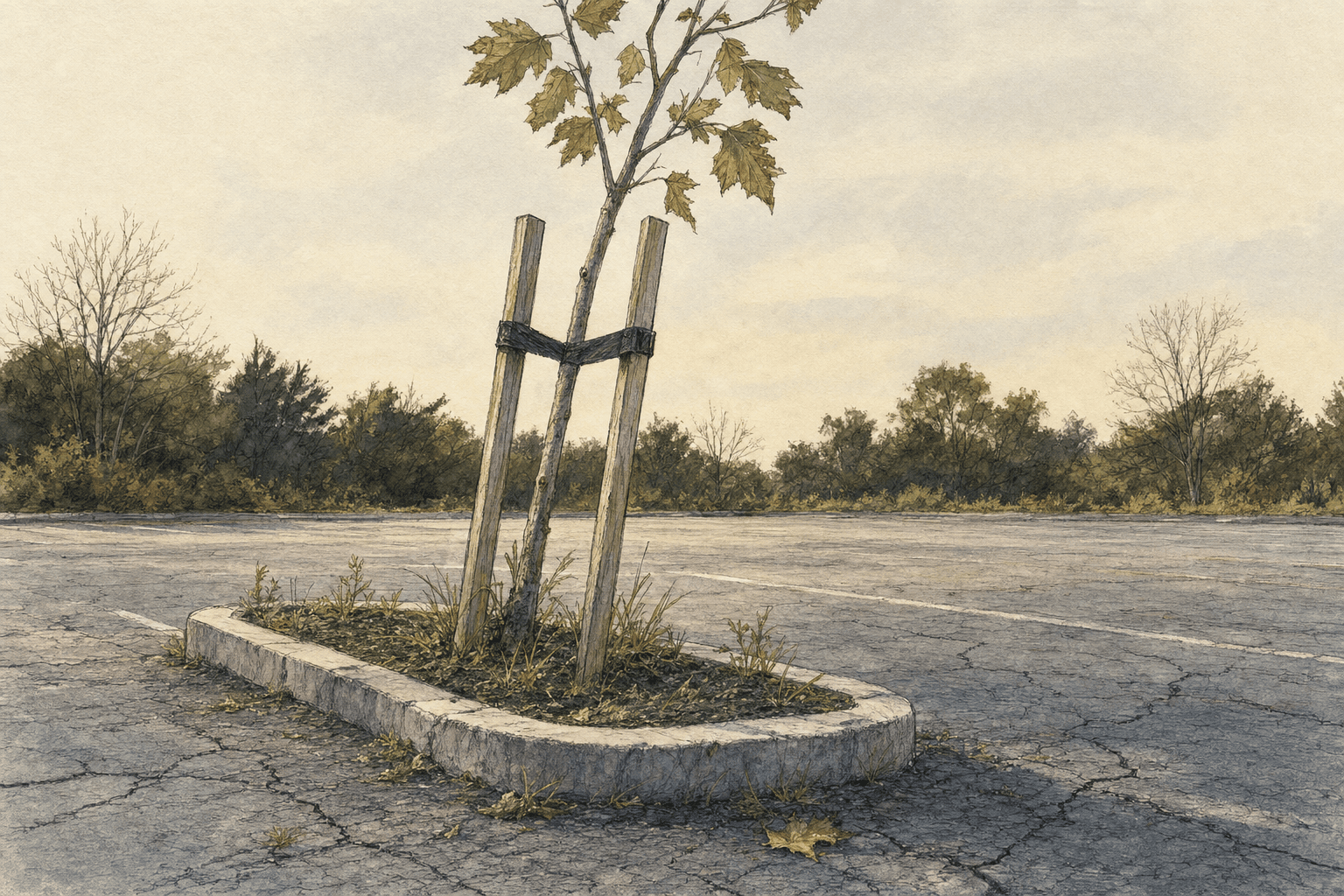 A hand-drawn editorial sketch of a young tree staked in a narrow concrete island in the middle of an empty parking lot, seen close up at ground…