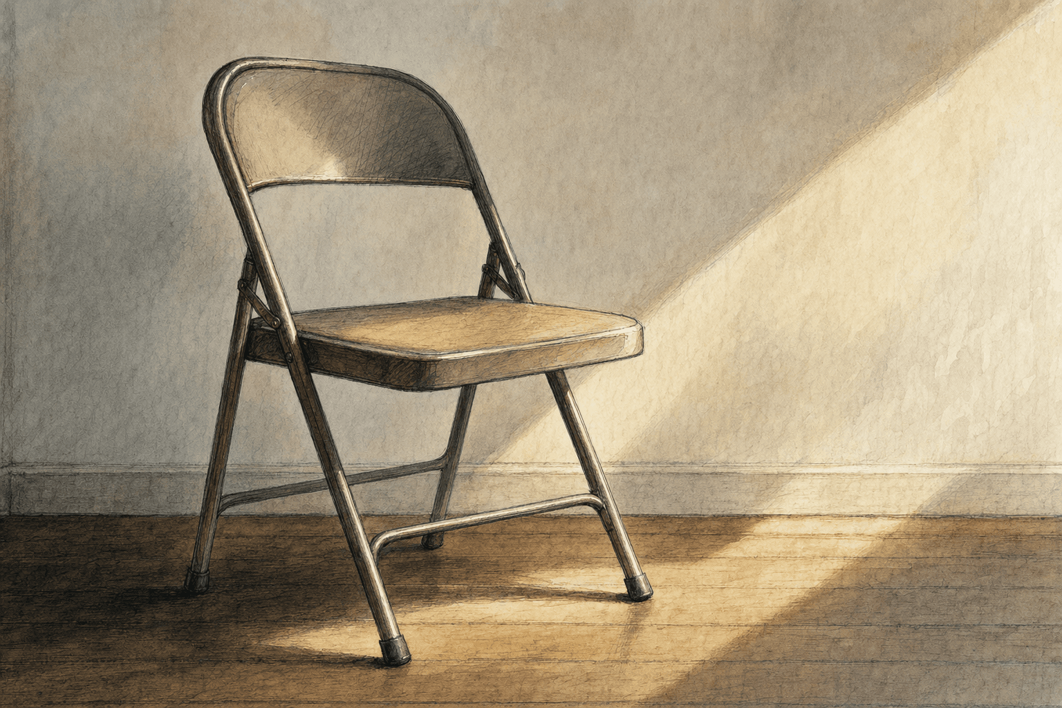 A hand-drawn editorial sketch of a single empty folding chair set out for public comment in an anonymous meeting space, seen close up and slightly…
