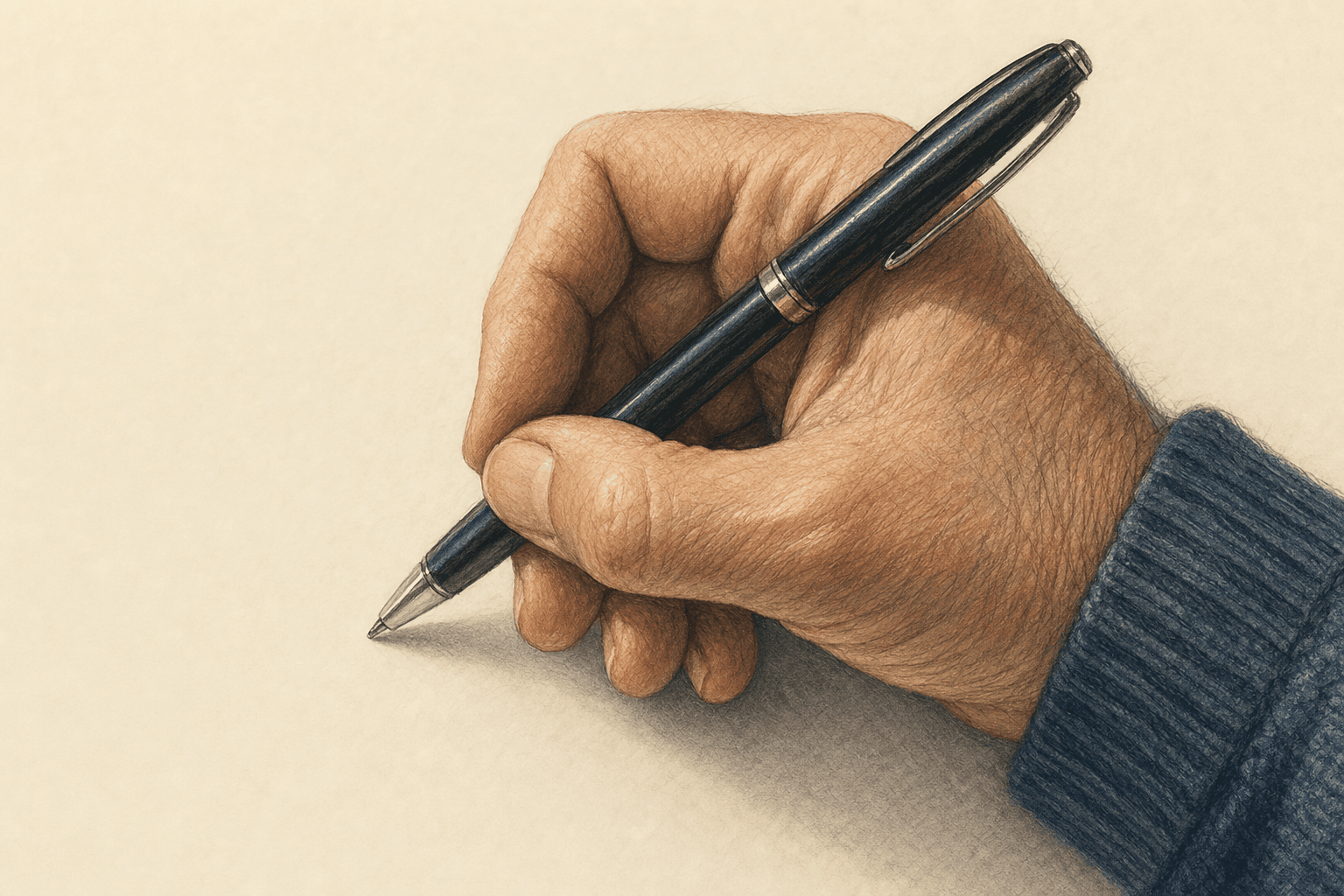 A hand-drawn editorial sketch of a single pen resting in the crook of an anonymous hand poised mid-signature, seen close up from just above the…