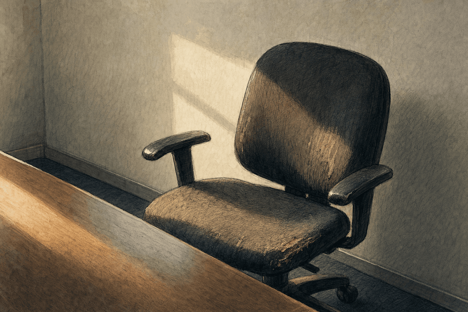 A hand-drawn editorial sketch of an empty swivel office chair pushed slightly back from the edge of a bare desk, seen close up and slightly from the…