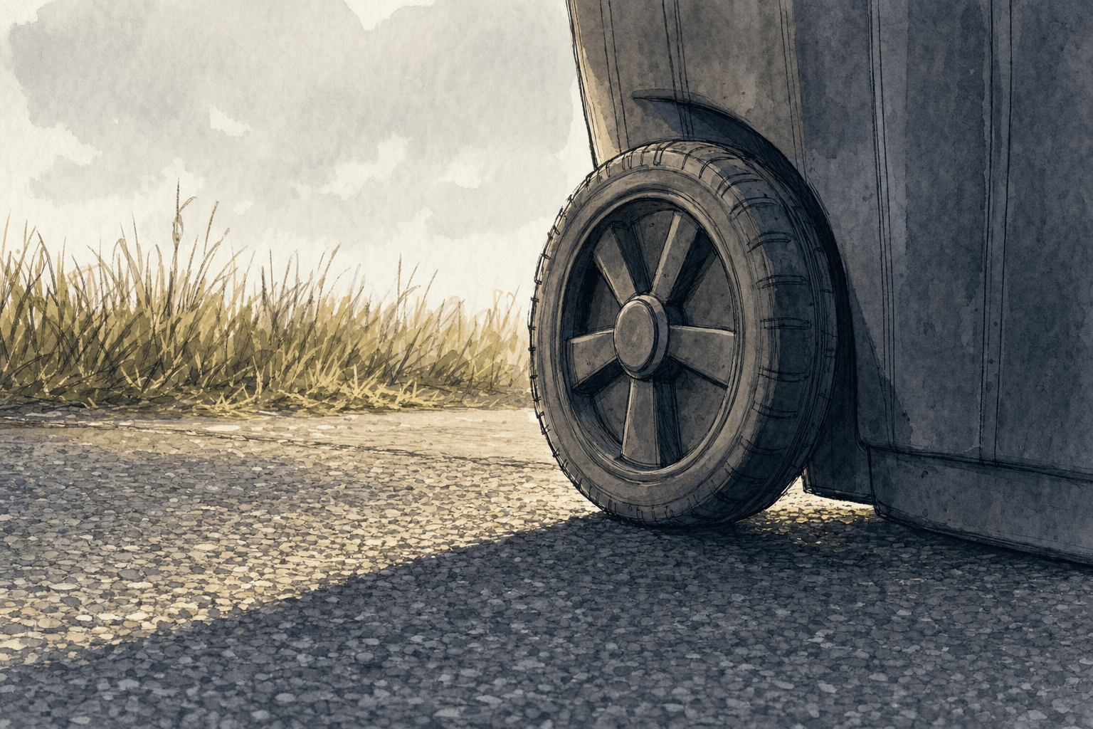 A hand-drawn editorial sketch of a plain rubber garbage-tote wheel and its lower edge seen close up from ground level at the end of an anonymous…
