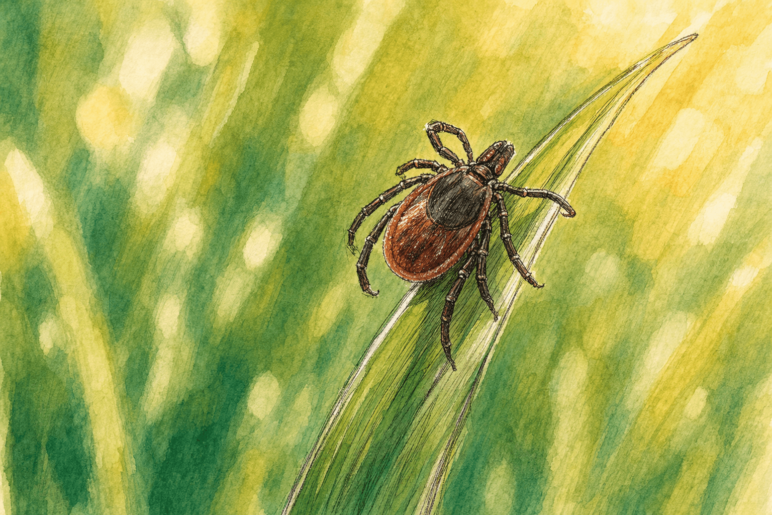 A hand-drawn editorial sketch of a single deer tick clinging to the tip of a tall blade of grass, drawn extremely close so the insect and the…