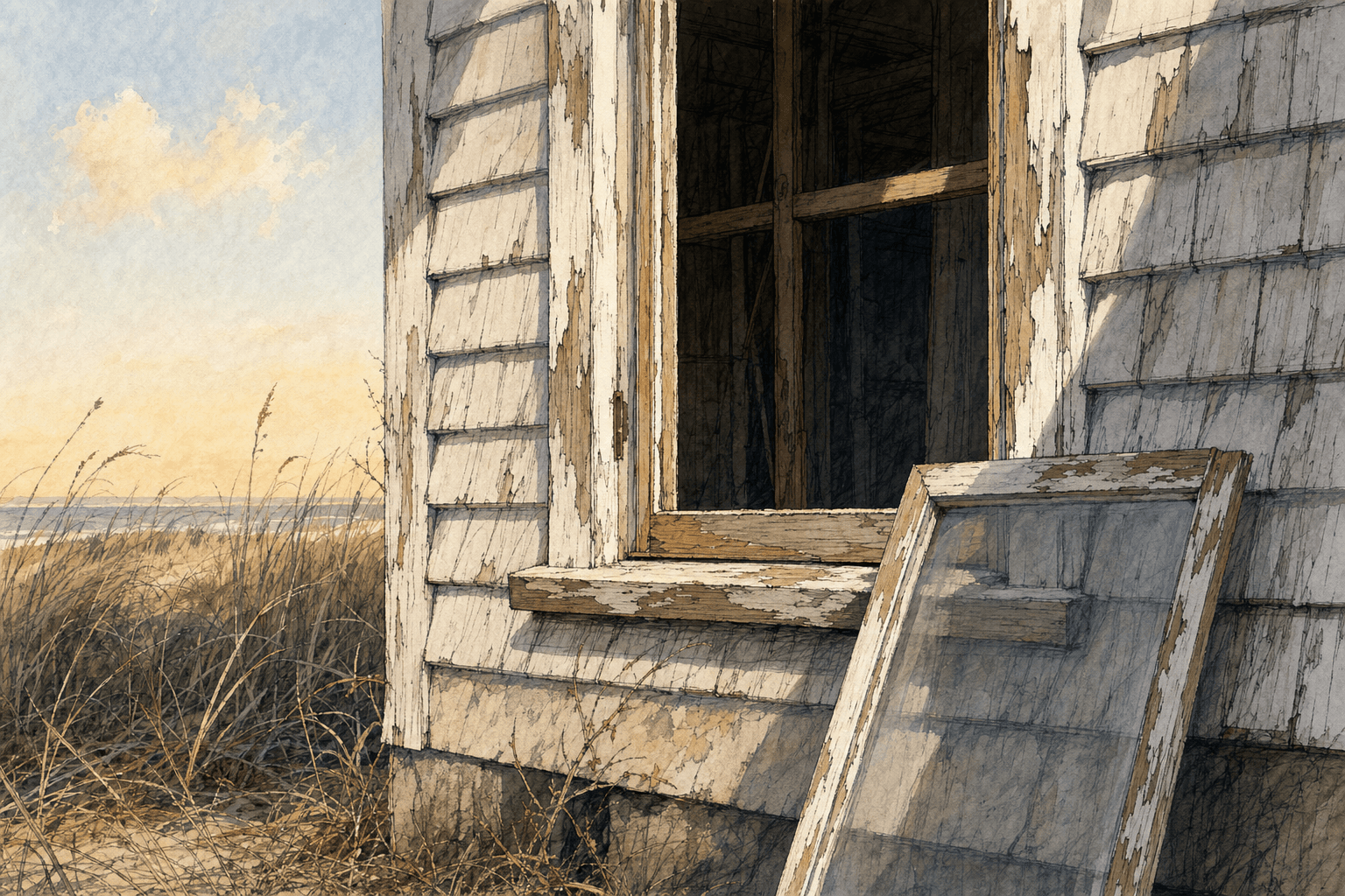A hand-drawn editorial sketch of a plain window unit air-conditioner-free window frame of an old unheated cottage seen close up from outside, with a…
