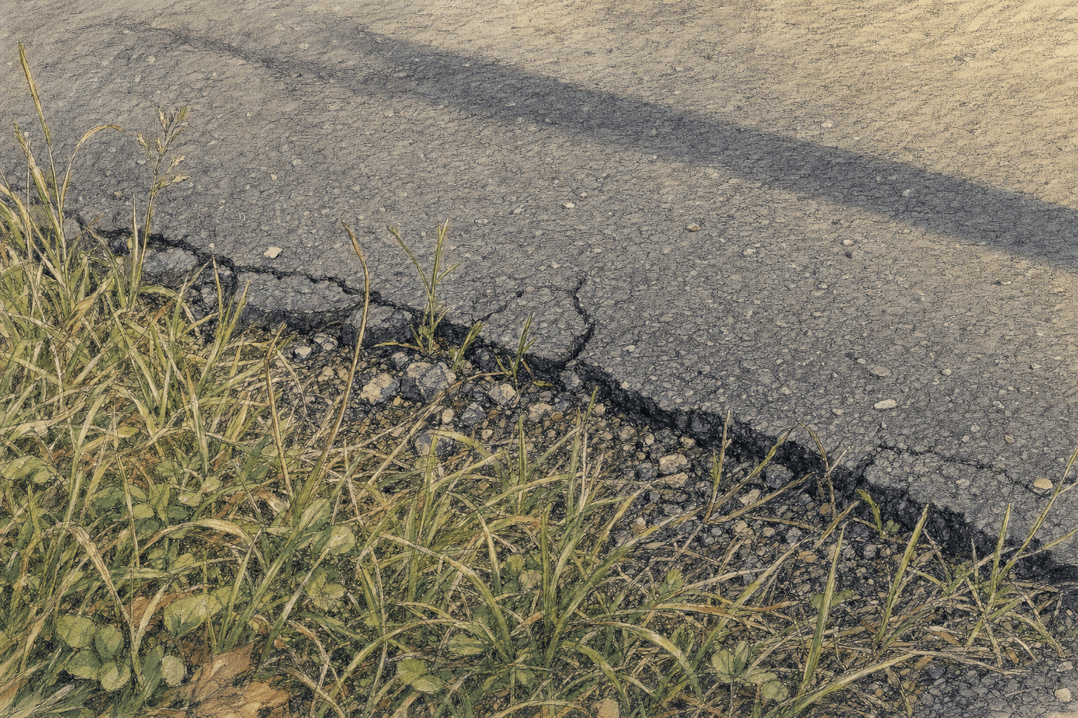 A hand-drawn editorial sketch of the crumbling edge of a narrow paved path where asphalt meets uncut summer grass, seen extremely close from ground…