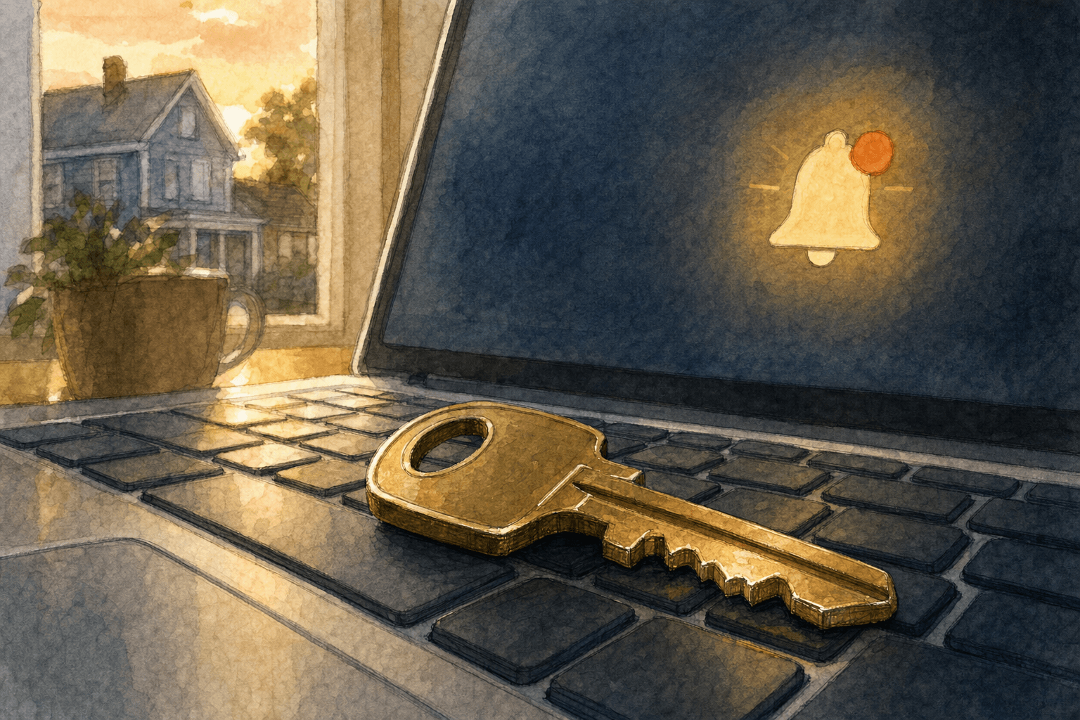 A hand-drawn editorial sketch of a single brass house key resting on top of a laptop keyboard, a small email notification bell icon glowing softly…